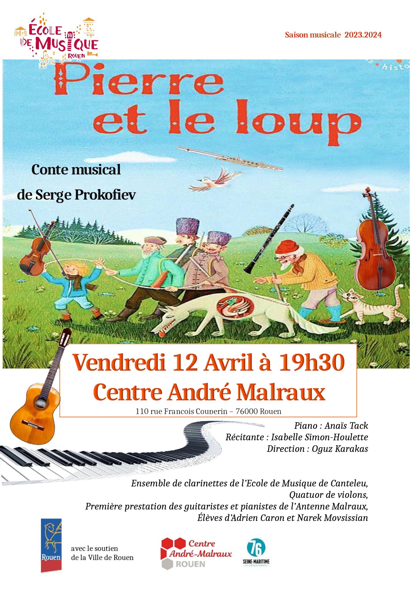 Affiche. Ecole de Musique Rouen. Concert « Pierre et le Loup » de Serge Prokofiev and Co. 2024-04-12